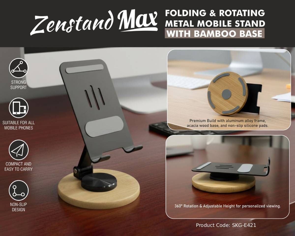 Folding & Rotating Metal Mobile Stand with Bamboo Base