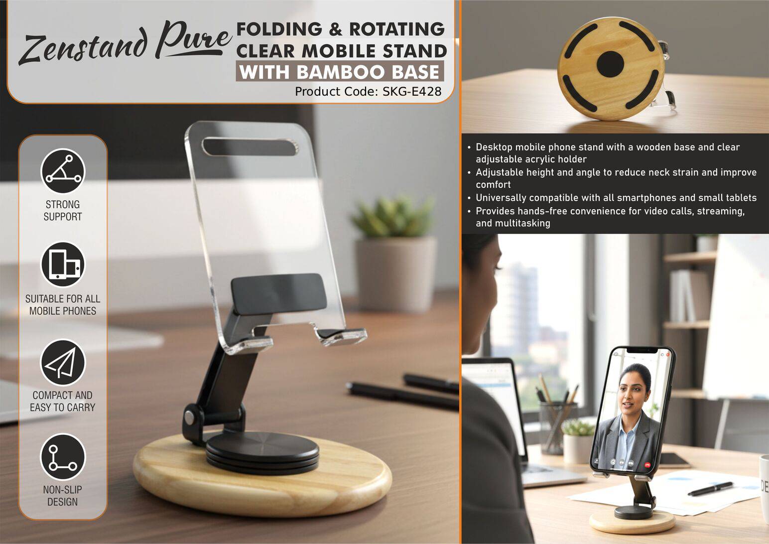 Folding & Rotating Clear Mobile Stand with Bamboo Base