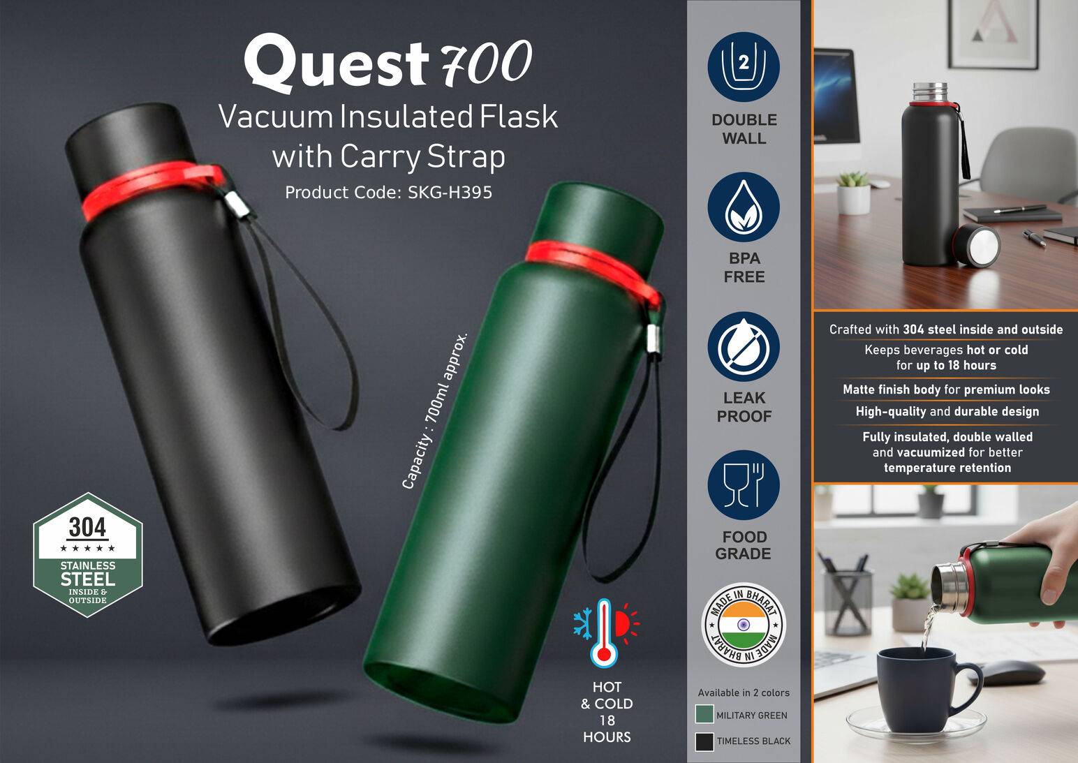 Vacuum Insulated Flask with Carry Strap