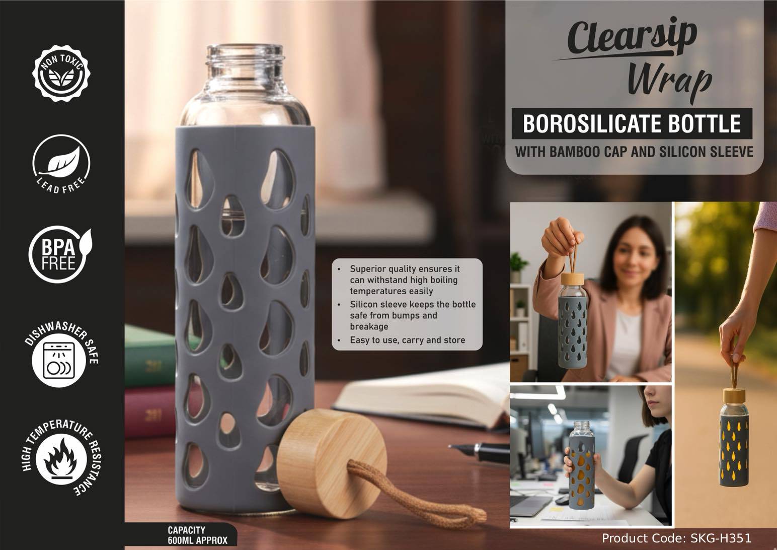 Borosilicate Bottle with Bamboo Cap & Silicon Sleeve
