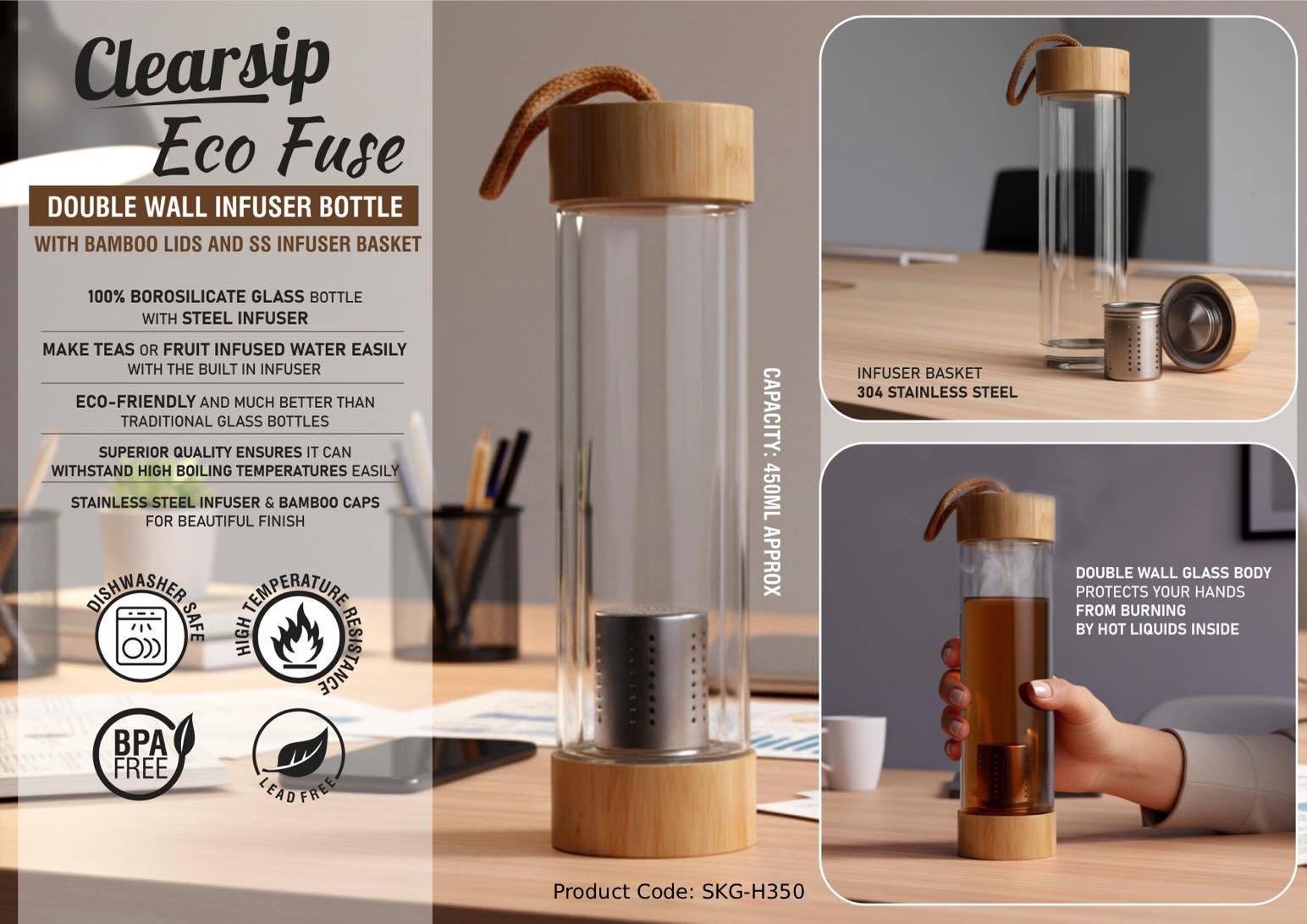 Double Wall Infuser Glass Bottle with Bamboo Lids & SS Infuser Basket