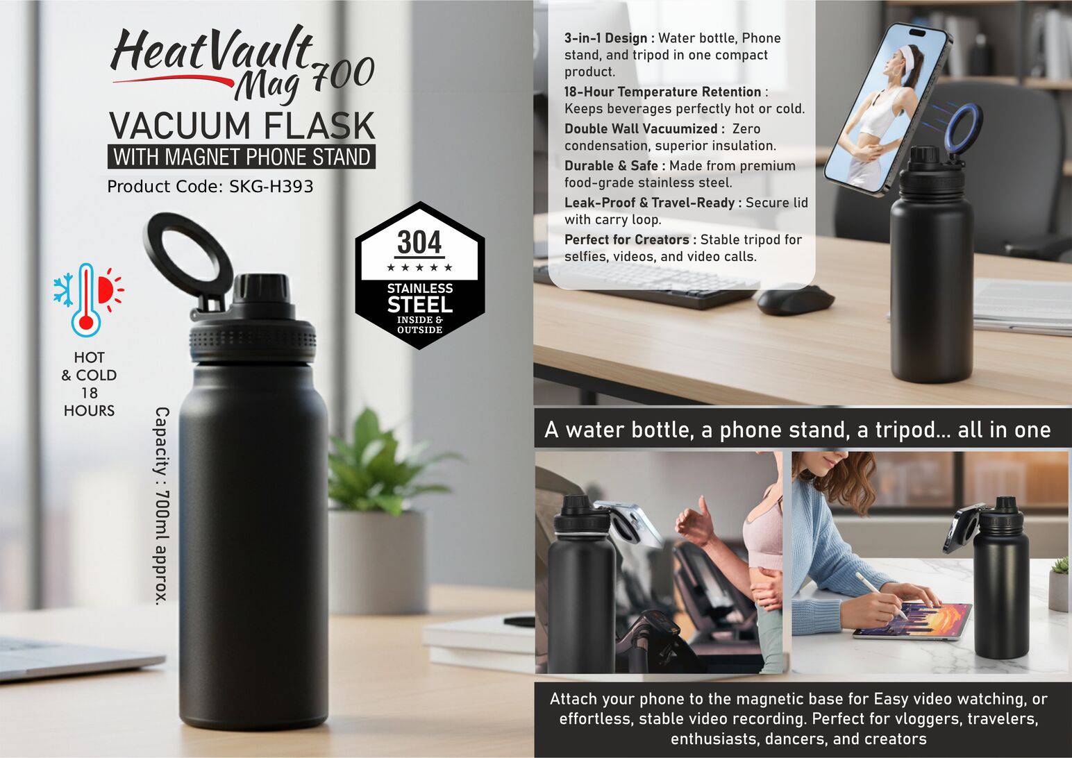 Vacuum Flask with Magnet Phone Stand