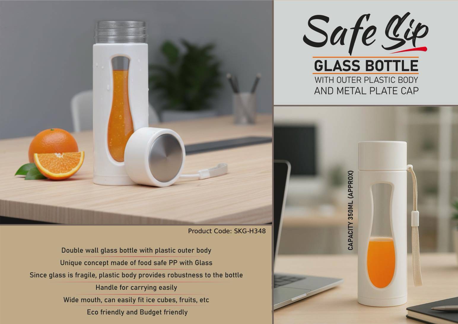 Glass Bottle with Outer Plastic Body & Metal Plate Cap