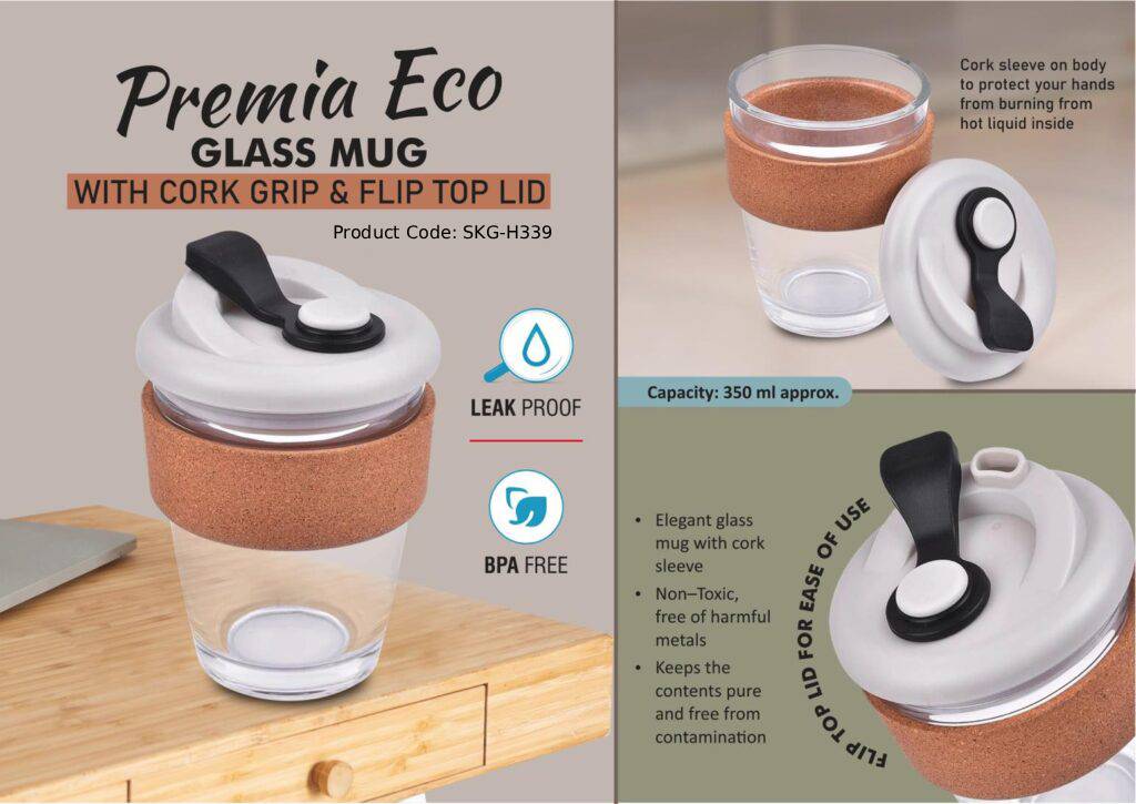 Glass Mug with Cork Grip & Flip Top Lid