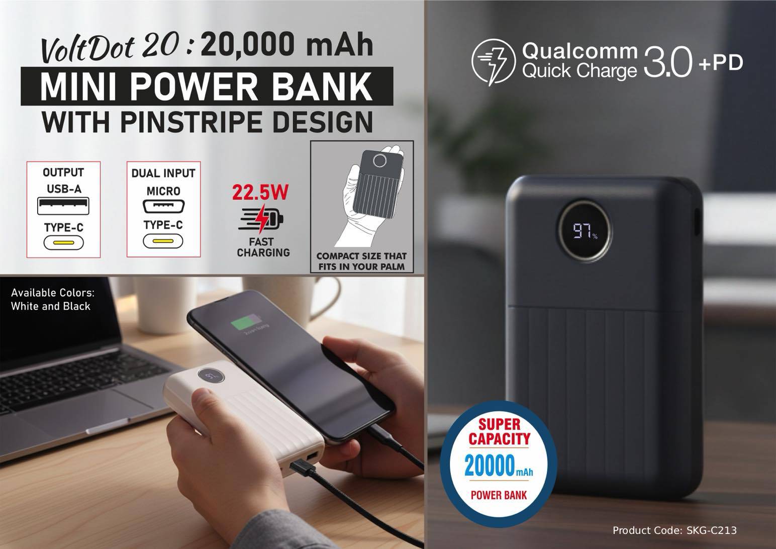 20,000 mAh Mini Power Bank with Pinstripe Design