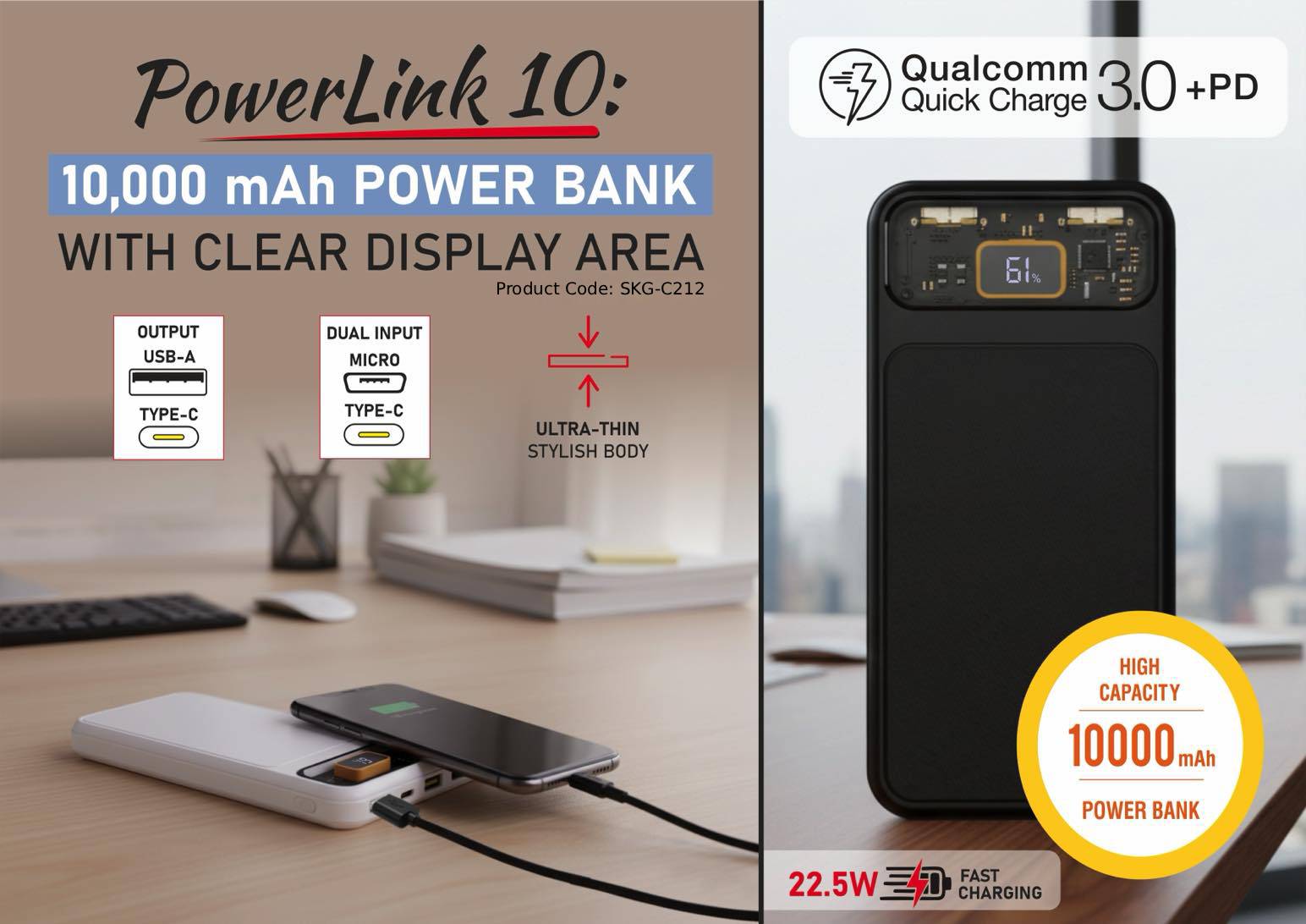 10,000 mAh Power Bank with Clear Display Area