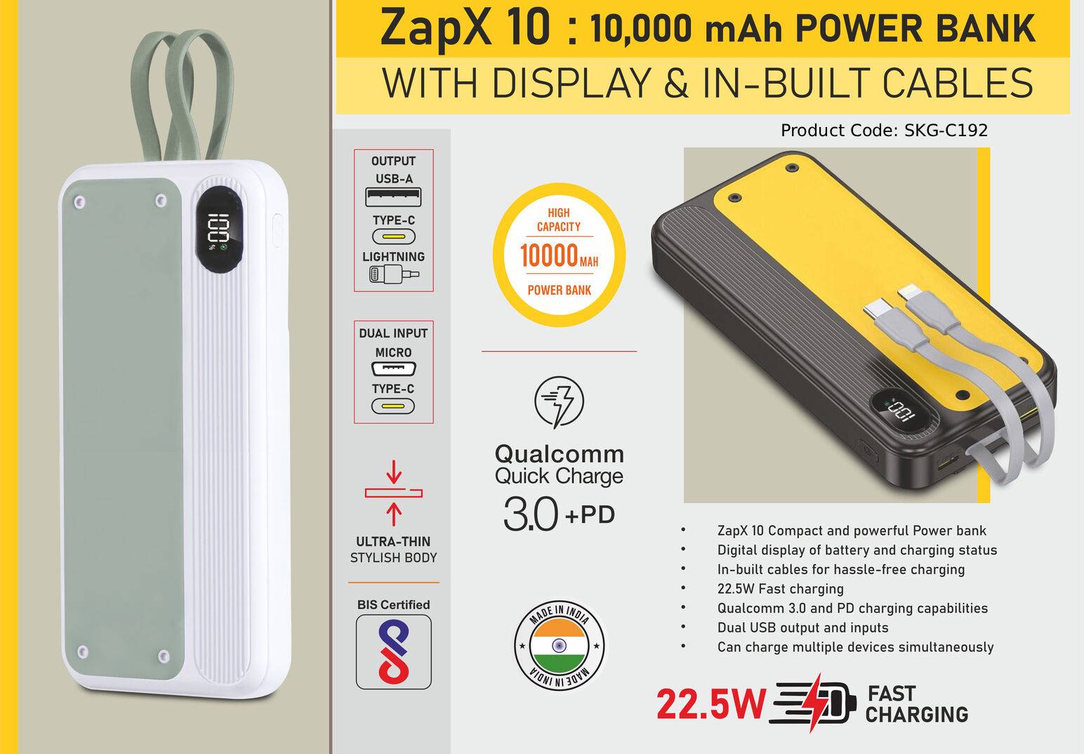 10,000 mAh Power Bank with In-Built Cables