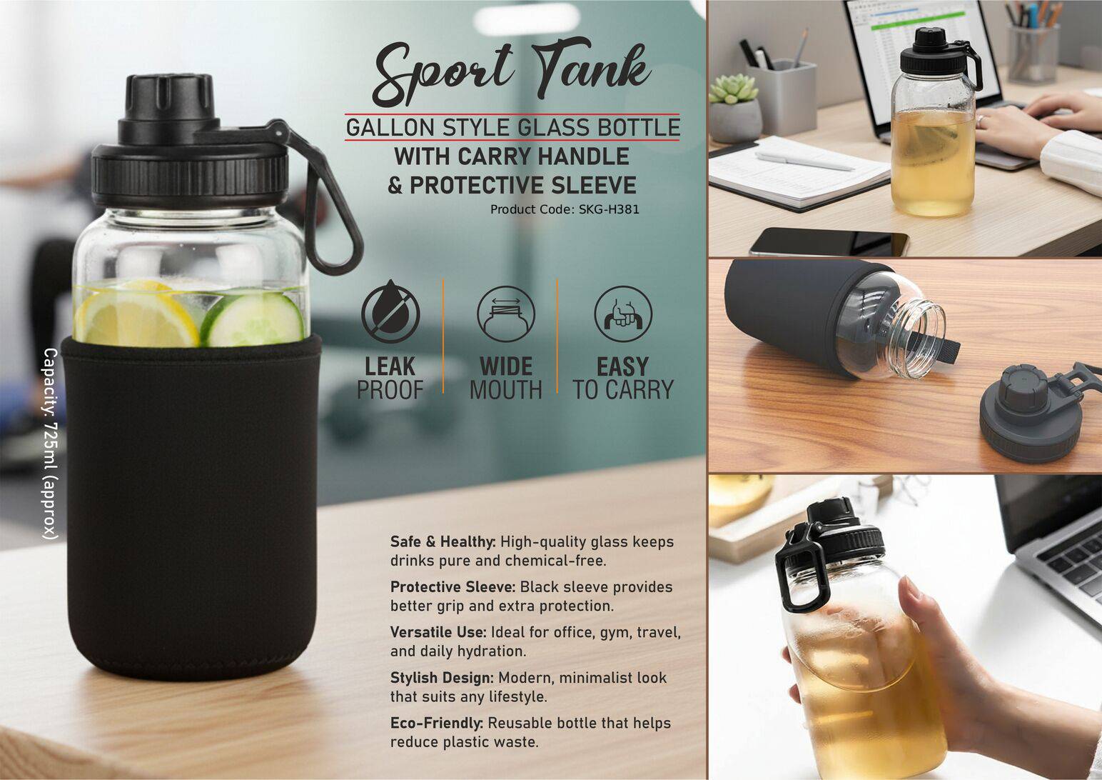 Gallon Style Glass Bottle with Carry Handle