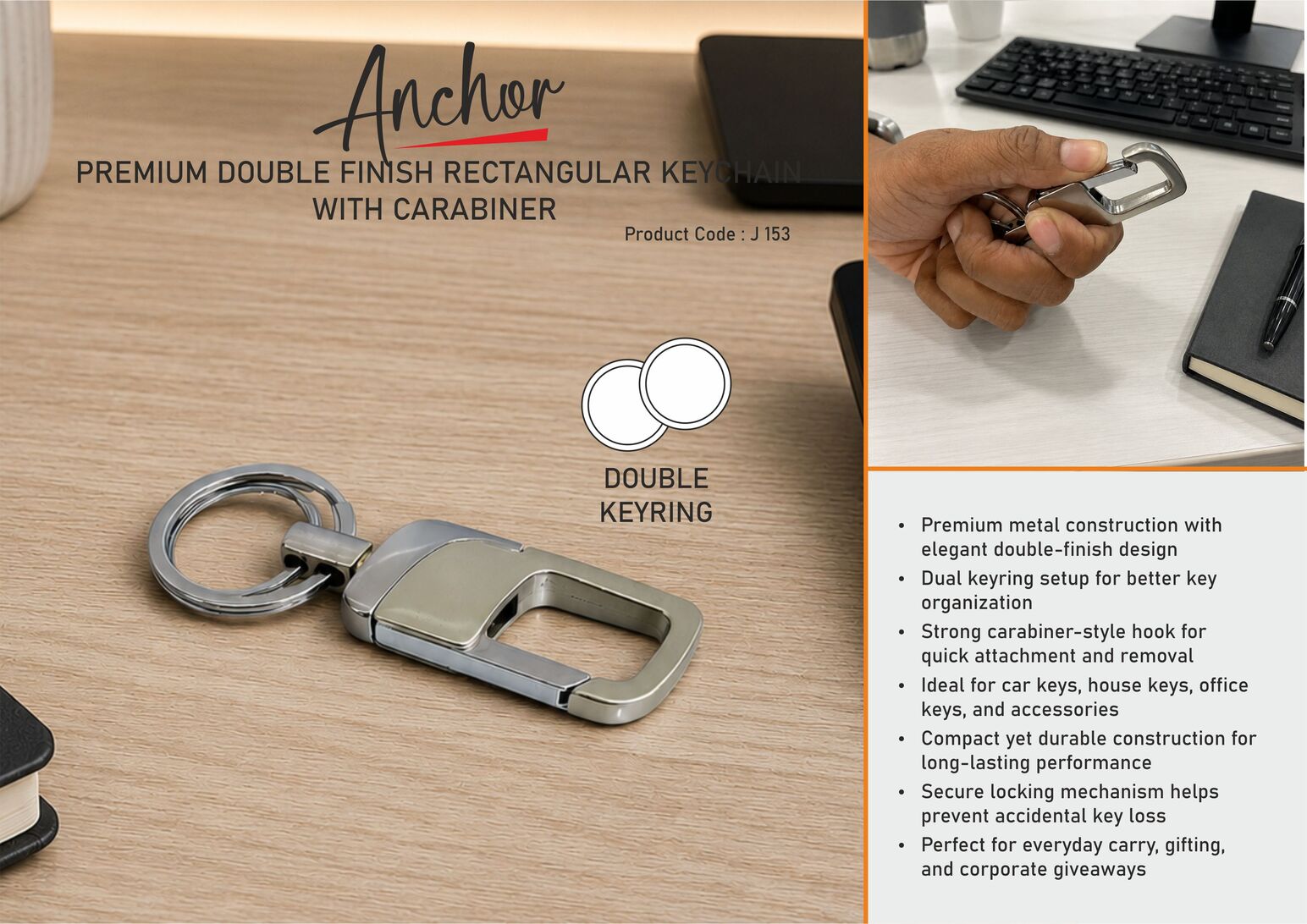 Premium Double Finish Rectangular Keychain with Carabiner