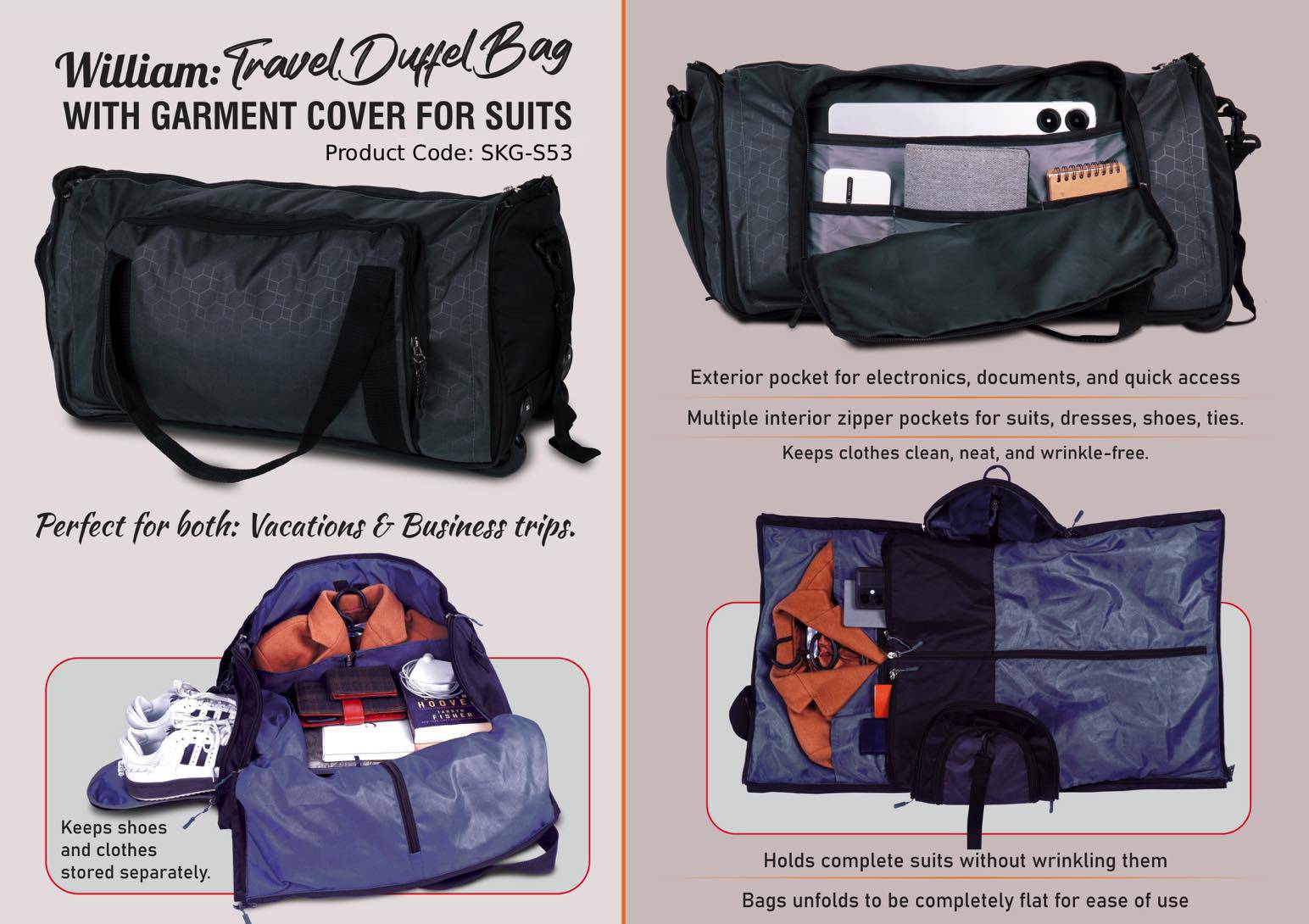 Travel Duffel Bag with Garment Cover for Suits