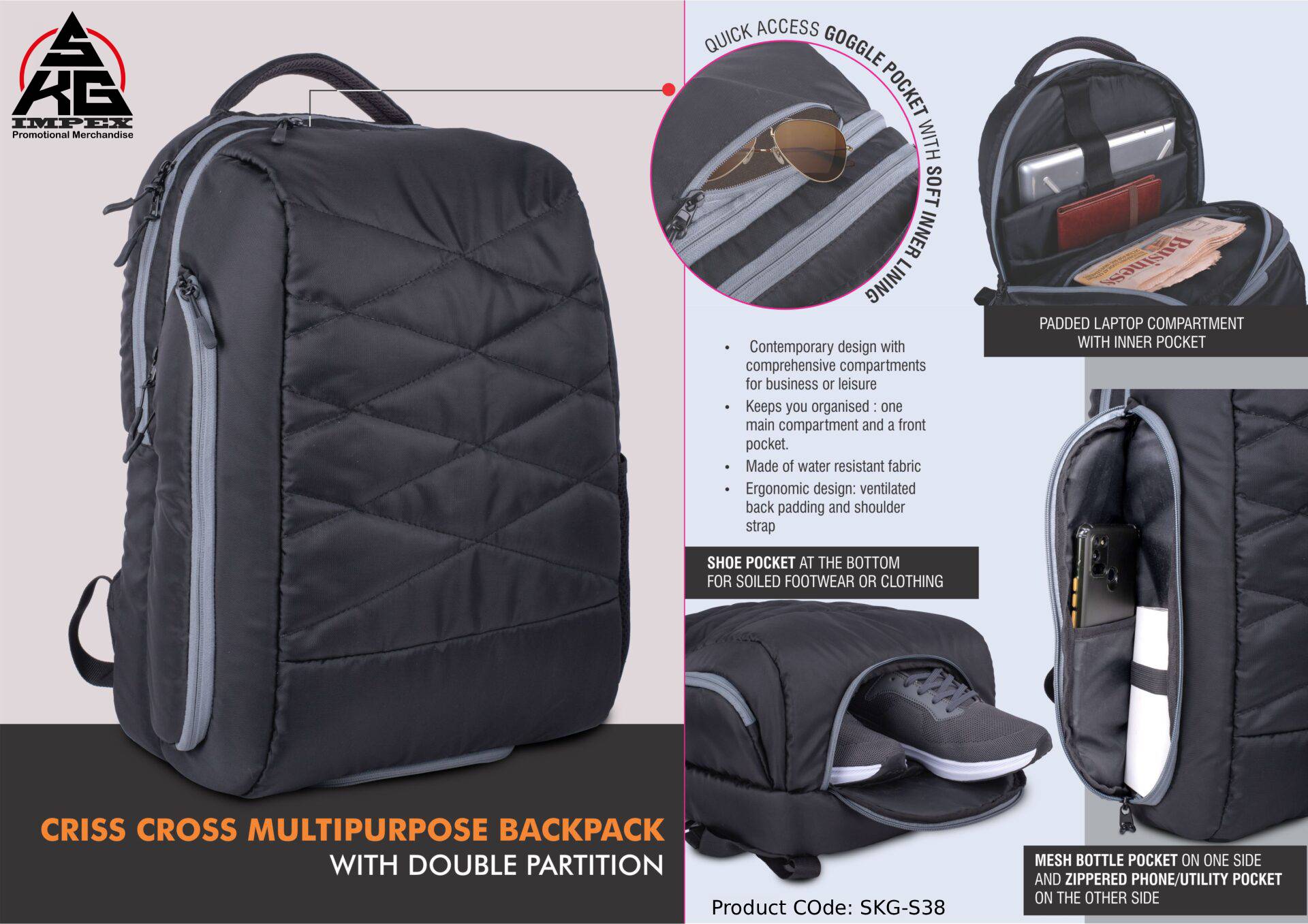 Criss Cross Multipurpose Backpack Bag with Double Partition