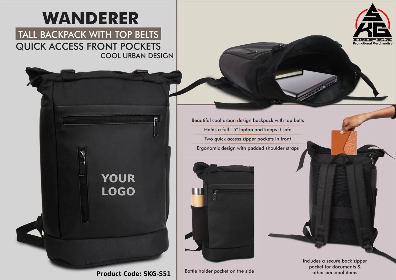 Tall Backpack Bag with Top Belts